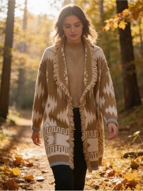 Cocogio Made in Italy Long Southwest Aztec Knit Fringe Cardigan Sweater Large